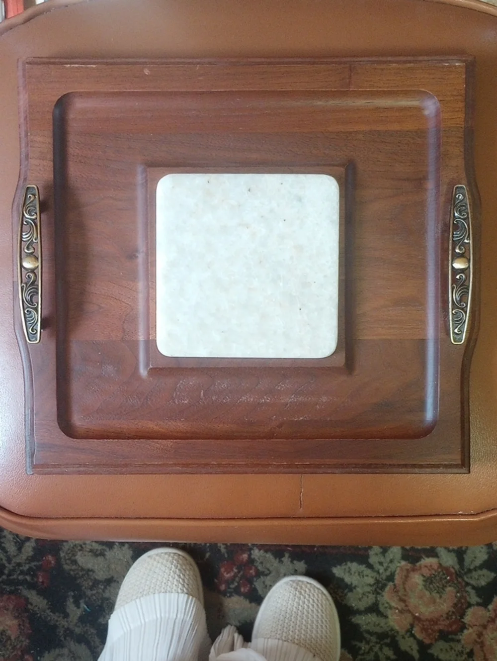 Vintage Marble & Wood Cutting Board w/; Decorative Gold Handles